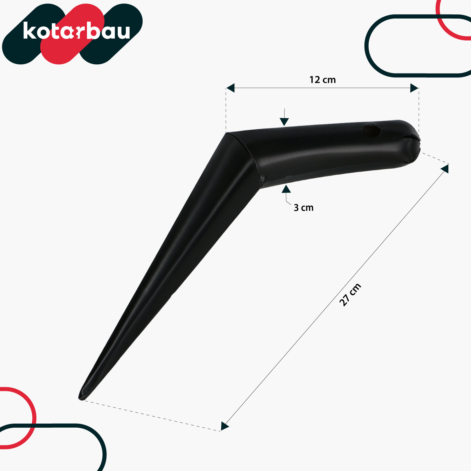 Na białym tle widoczny jest czarny, stalowy pikownik ręczny o długości 27 cm z logo \'kotarbau\'. Obok narzędzia znajdują się wymiary: 12 cm, 3 cm i 27 cm.