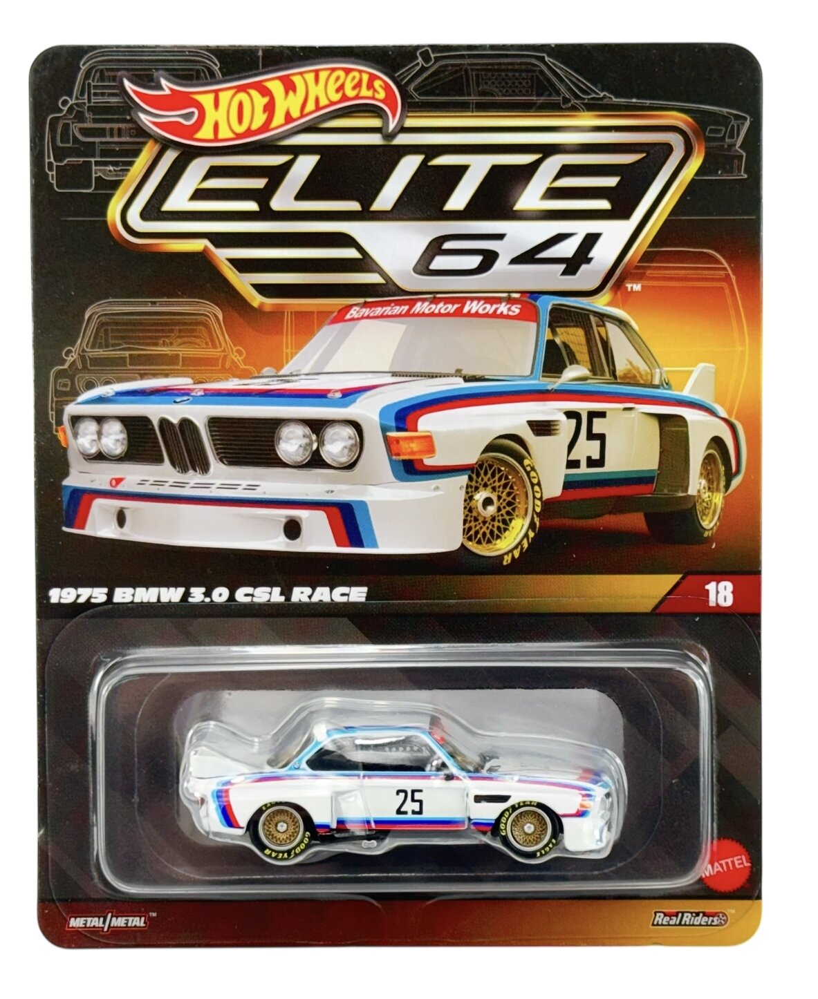 Opakowanie z modelem samochodu Hot Wheels Elite 64, przedstawiające 1975 BMW 3.0 CSL Race z numerem 25. Na górze widoczne jest logo Hot Wheels Elite 64 oraz napis \'1975 BMW 3.0 CSL Race\'.