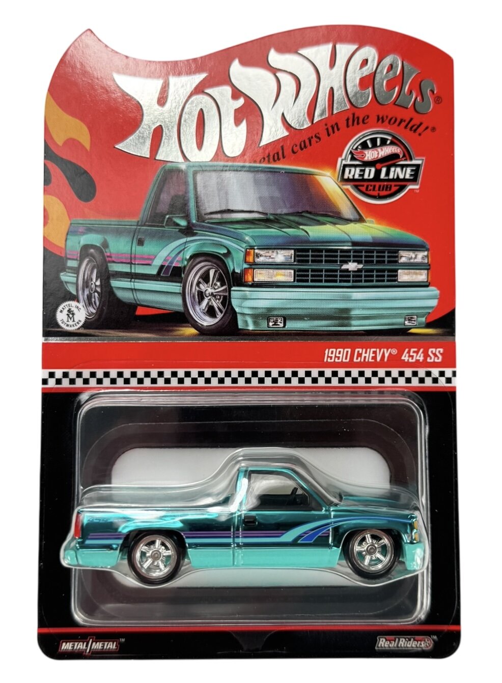 Opakowanie z modelem samochodu Hot Wheels, przedstawiające zielony pojazd 1990 Chevy 454 SS. Na opakowaniu widnieje napis \'Hot Wheels\' oraz \'1990 Chevy 454 SS\'.