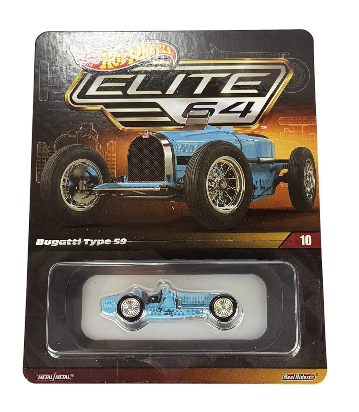 Opakowanie z modelem samochodu Hot Wheels Elite 64 przedstawiające Bugatti Type 59. Na opakowaniu widnieje napis \'Bugatti Type 59\' oraz numer \'10\'.