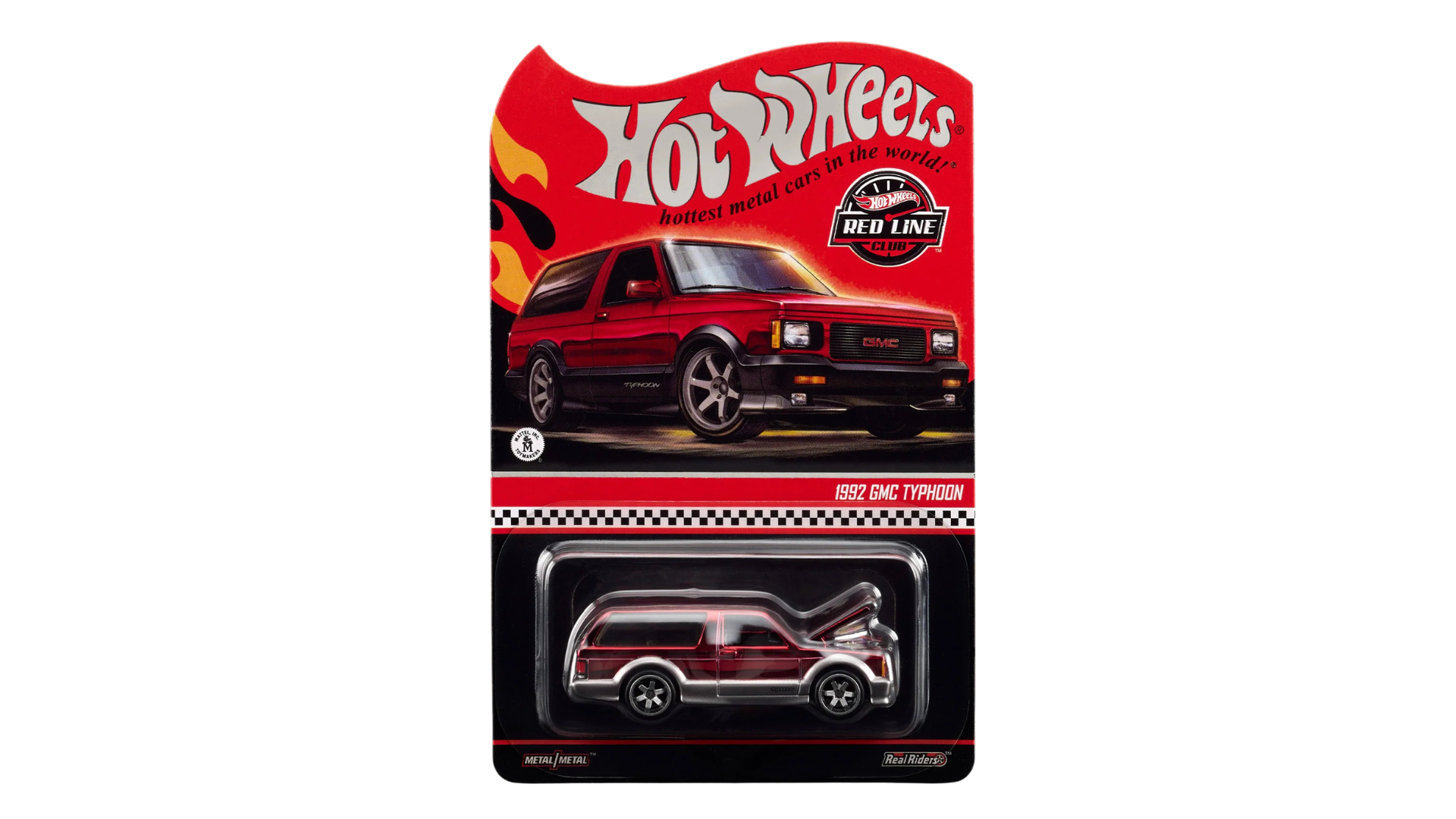 Opakowanie z modelem samochodu Hot Wheels 1992 GMC Typhoon, z widocznym czerwonym pojazdem w plastikowej osłonie. Na górze opakowania znajduje się logo Hot Wheels i napis \'hottest metal cars in the world\'.