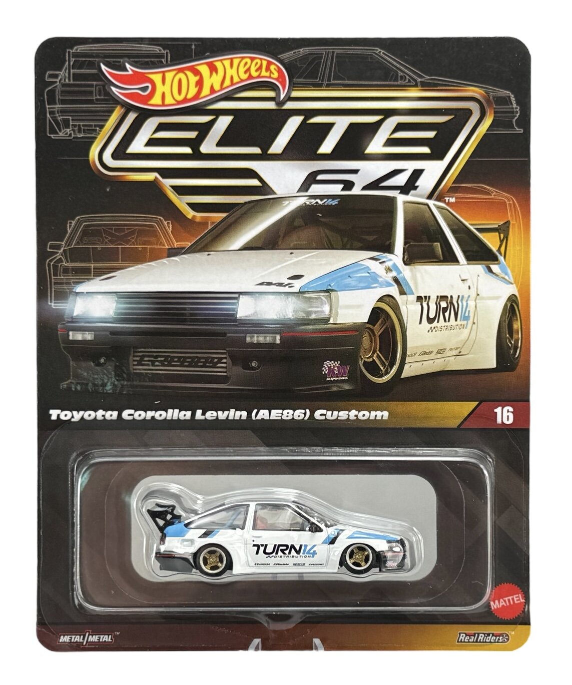 Opakowanie modelu samochodu Hot Wheels Elite 64 z widocznym modelem Toyota Corolla Levin (AE86) Custom. Na opakowaniu znajduje się logo Hot Wheels oraz napis \'Toyota Corolla Levin (AE86) Custom\'.