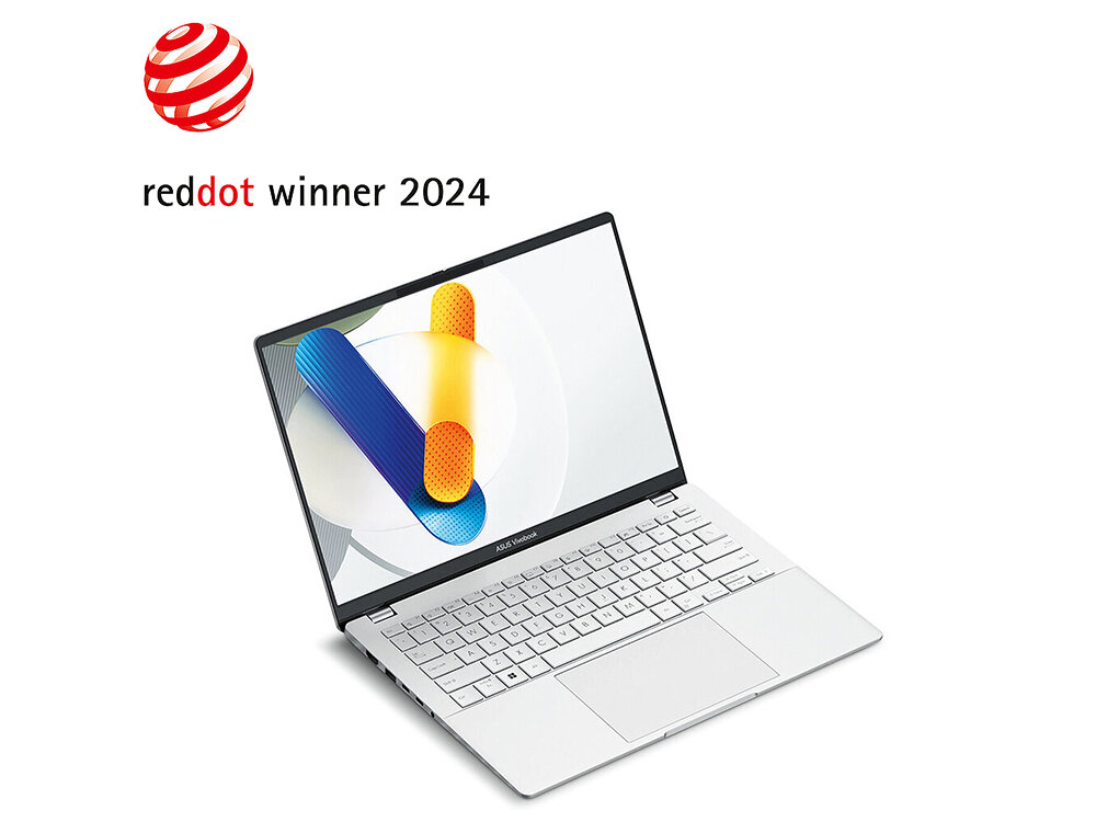 Laptop z otwartym ekranem, na którym widoczna jest kolorowa grafika. Nad laptopem znajduje się tekst \'reddot winner 2024\'.