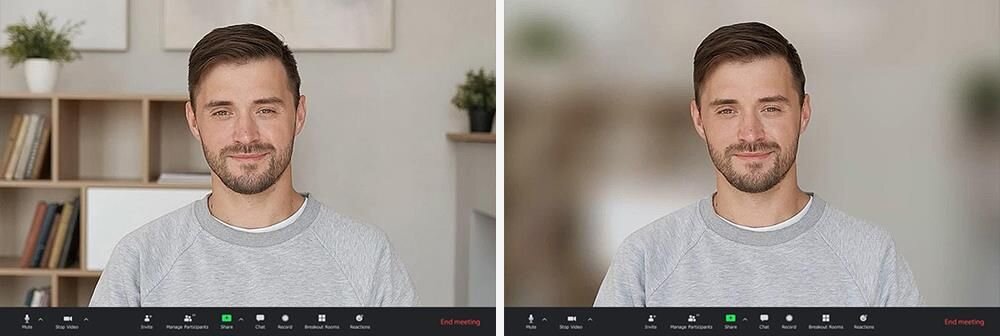 Obraz przedstawia dwie podobne fotografie mężczyzny w szarej bluzie, siedzącego przed kamerą. Na dole obu zdjęć widoczny jest interfejs aplikacji do wideokonferencji z przyciskami i napisem \'End meeting\'.