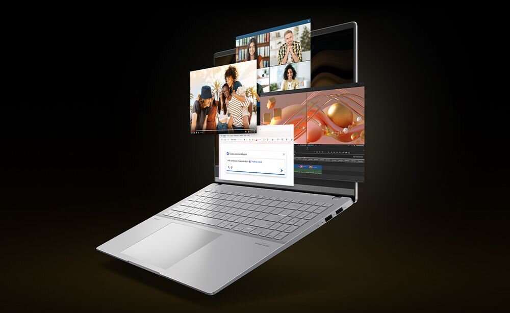 Na obrazie widać laptop z kilkoma otwartymi oknami aplikacji na ekranie, w tym wideokonferencję i edytor tekstu. Laptop jest srebrny, z widoczną klawiaturą i touchpadem.