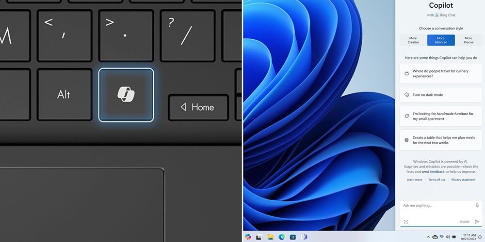 Obraz przedstawia klawiaturę z podświetlonym klawiszem z ikoną przypominającą dwa połączone prostokąty. Obok widoczny jest ekran z systemem Windows 11, na którym otwarte jest okno aplikacji \'Copilot\'.
