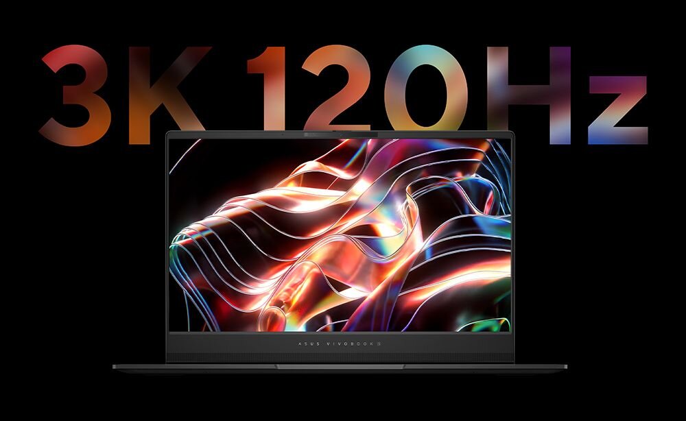Na obrazie widoczny jest laptop z kolorowym, abstrakcyjnym wzorem na ekranie. Nad laptopem znajduje się tekst \'3K 120Hz\'.