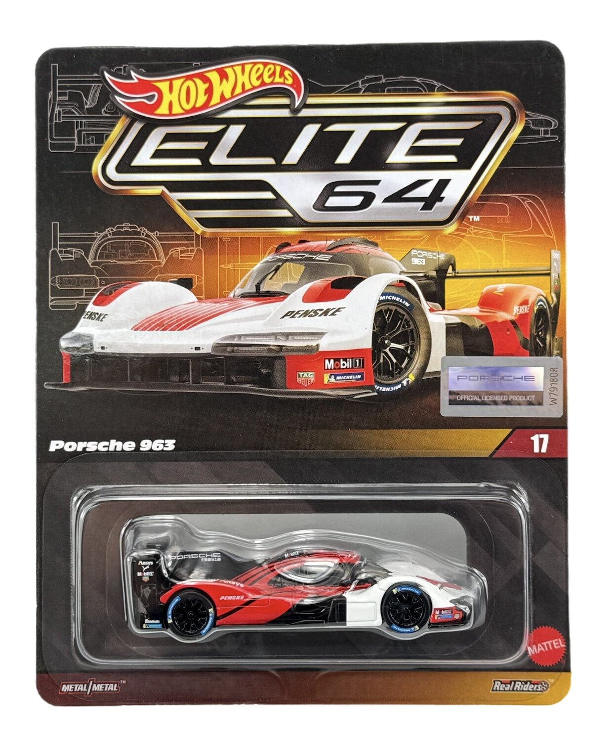 Opakowanie modelu samochodu Hot Wheels Elite 64 z grafiką przedstawiającą biało-czerwony samochód wyścigowy Porsche 963 z napisami \'Penske\' i \'Mobil 1\'. W dolnej części znajduje się przezroczyste okienko z miniaturą samochodu w tych samych kolorach.