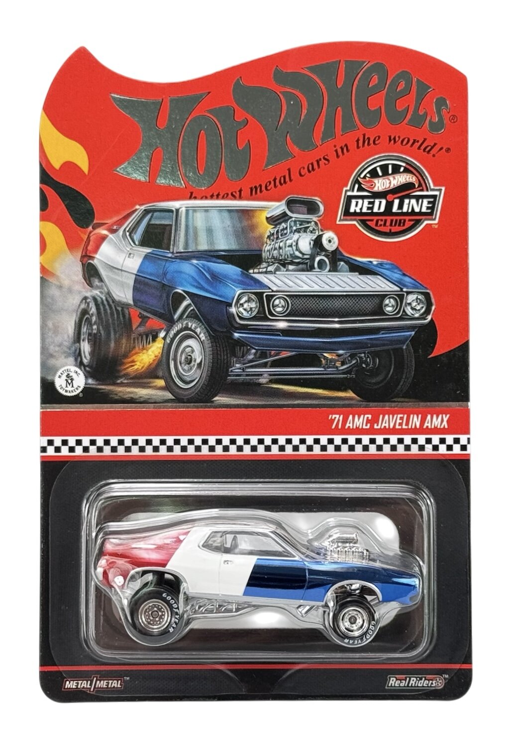 Opakowanie z modelem samochodu Hot Wheels \'71 AMC Javelin AMX, z widocznym logo \'Hot Wheels\' i napisem \'Red Line Club\'. Samochód w kolorach czerwonym, białym i niebieskim znajduje się w przezroczystym plastikowym opakowaniu.