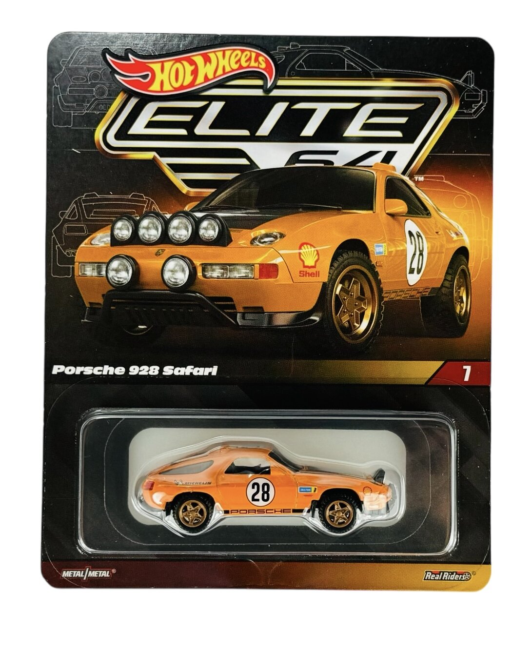 Opakowanie z modelem samochodu Hot Wheels Elite 64 przedstawiające Porsche 928 Safari w kolorze pomarańczowym z numerem 28 na drzwiach. Na opakowaniu widoczne są logotypy \'Hot Wheels\', \'Shell\' oraz napis \'Porsche 928 Safari\'.