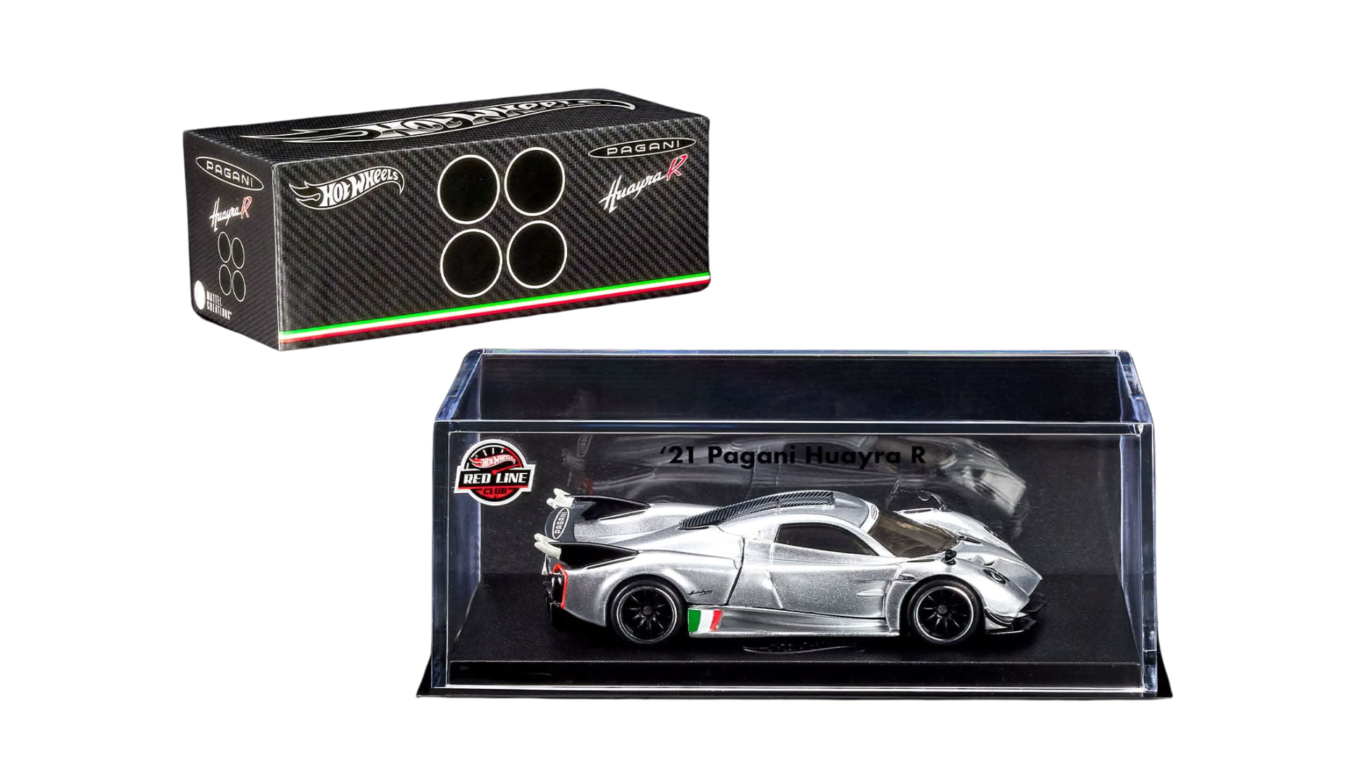 Model samochodu \'21 Pagani Huayra R w srebrnym kolorze znajduje się w przezroczystym pudełku z napisem \'Red Line Club\'. Obok widoczne jest czarne pudełko z logo Hot Wheels i napisami \'Pagani Huayra R\'.
