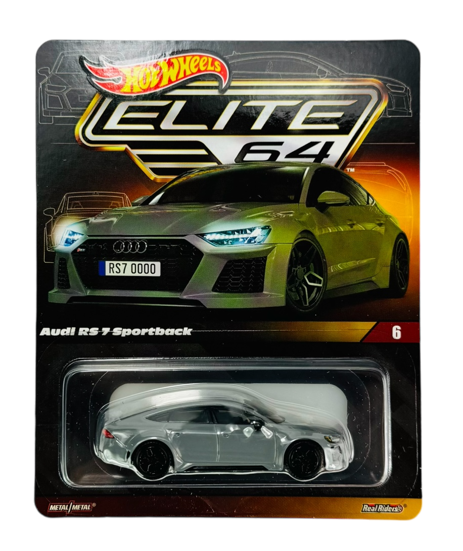 Opakowanie z modelem samochodu Hot Wheels Elite 64 przedstawiające Audi RS 7 Sportback. Widoczny jest srebrny model samochodu w przezroczystym opakowaniu oraz grafika z przodu pojazdu z napisem \'RS7 0000\'.
