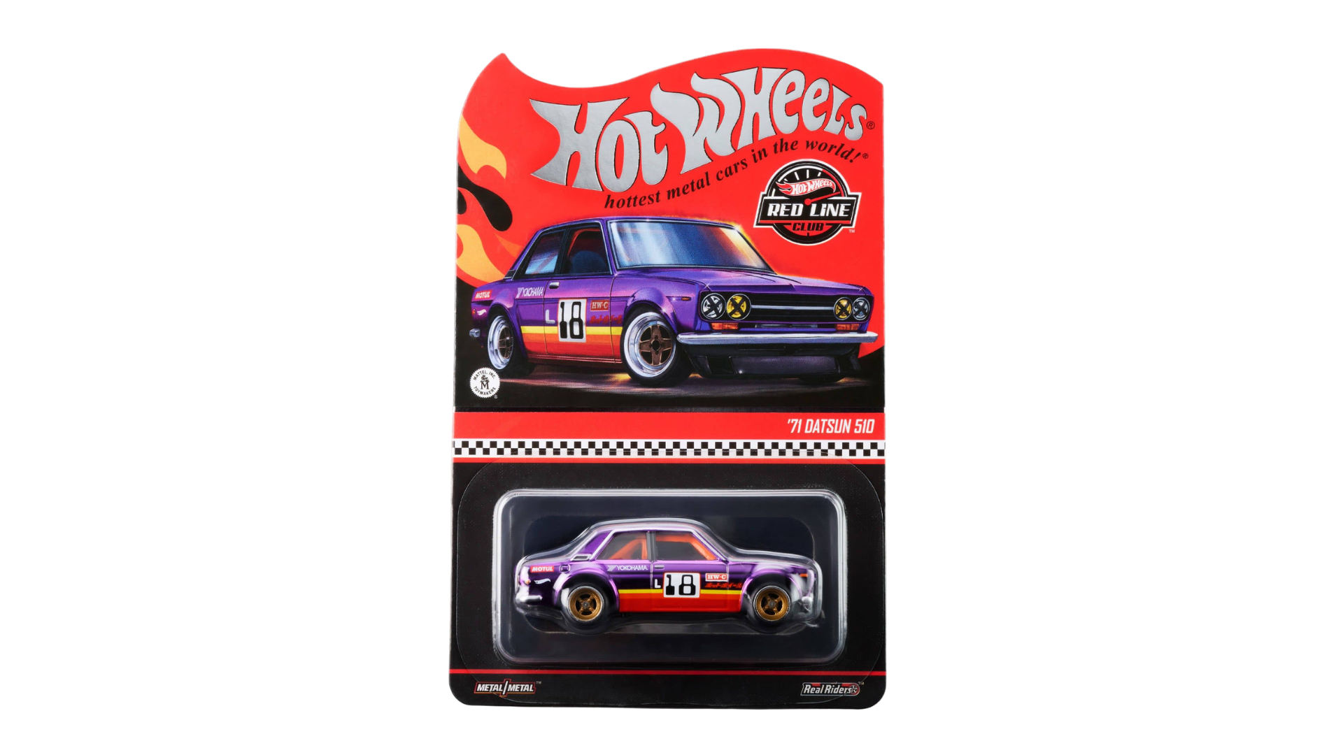 Opakowanie z modelem samochodu Hot Wheels \'71 Datsun 510 w kolorze fioletowym z numerem 18 na boku. Na górze opakowania widnieje logo \'Hot Wheels\' oraz napis \'hottest metal cars in the world\'.