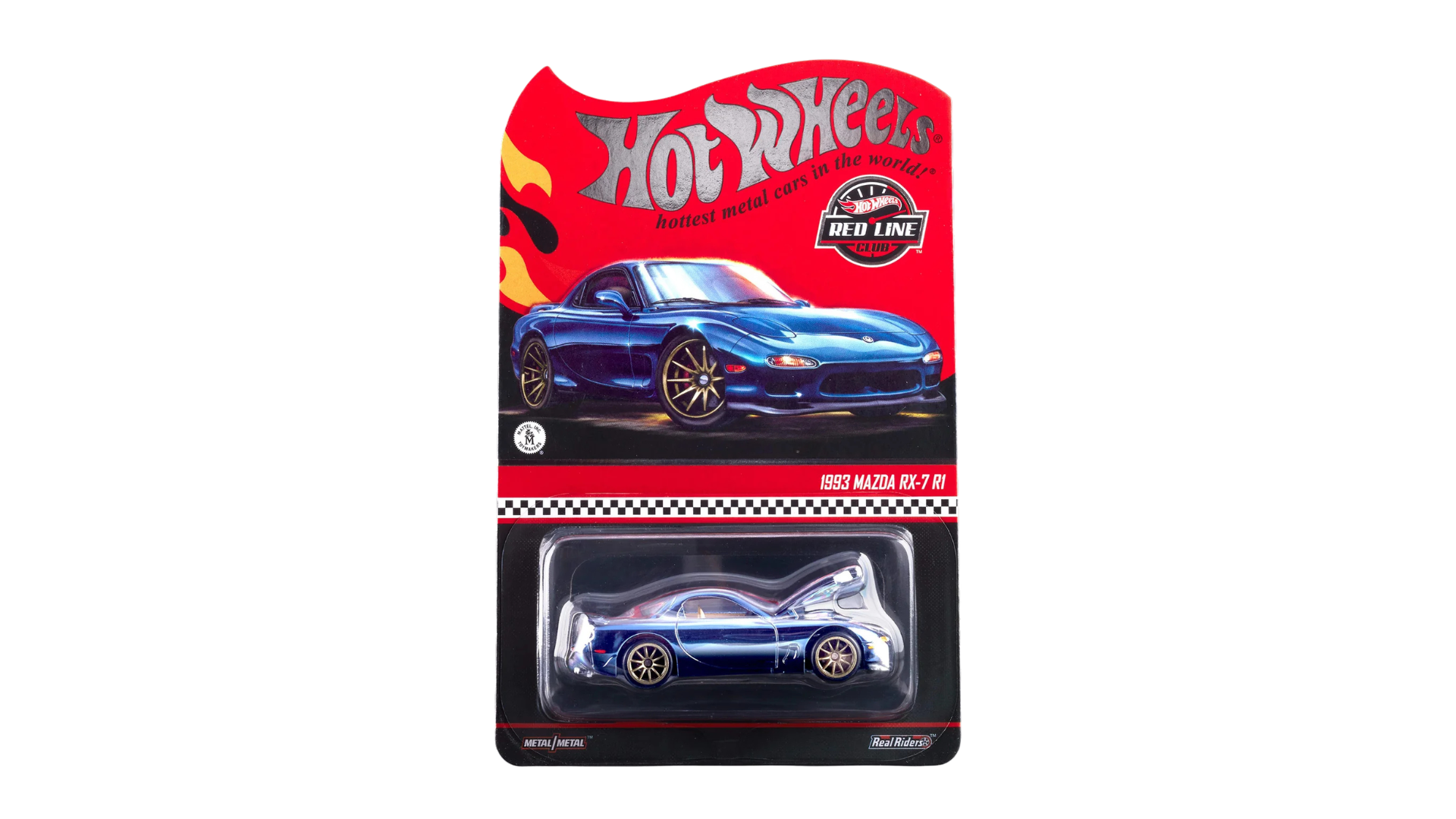 Opakowanie z modelem samochodu Hot Wheels, przedstawiające niebieski model 1993 Mazda RX-7 R1. Na opakowaniu widnieje napis \'Hot Wheels\' oraz \'1993 Mazda RX-7 R1\'.