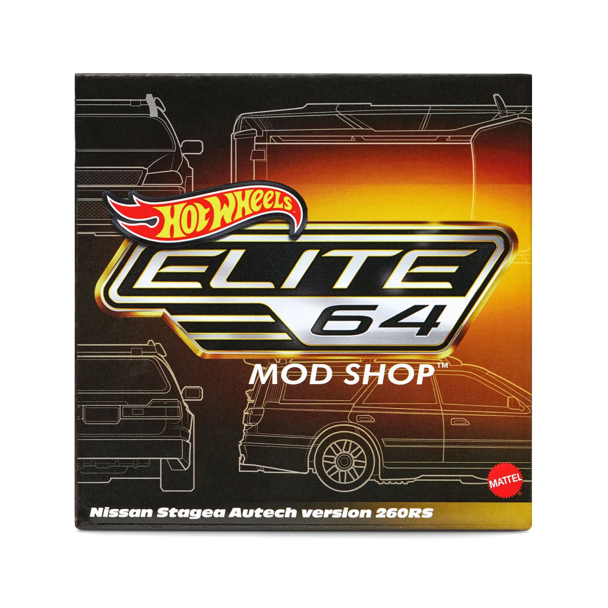 Opakowanie produktu z logo \'Hot Wheels Elite 64 Mod Shop\' na tle zarysów samochodu. Widoczny tekst: \'Nissan Stagea Autech version 260RS\'.