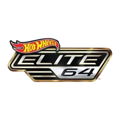 Logo z napisem \'Hot Wheels Elite 64\' na tle w kształcie tarczy z czarnymi i złotymi elementami.