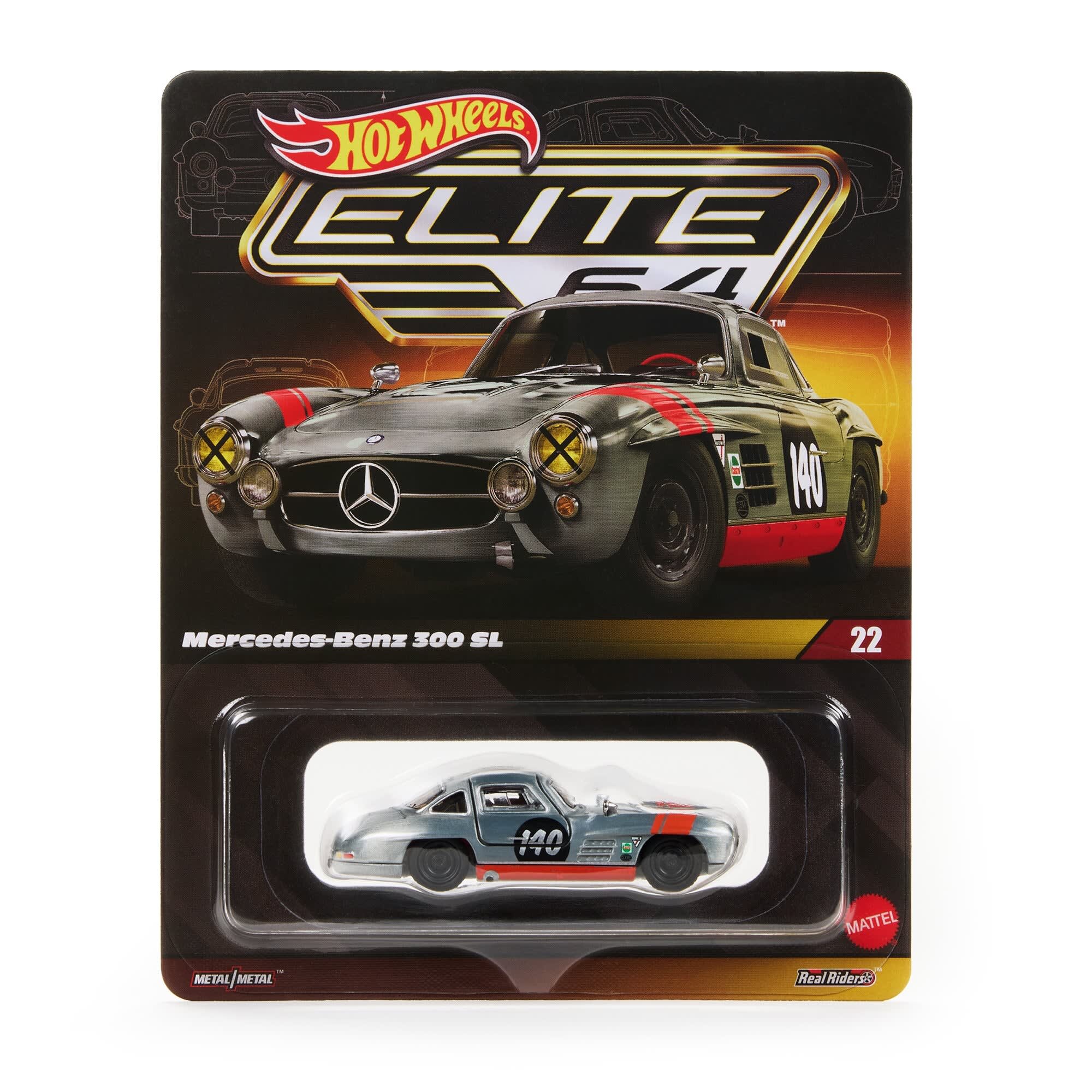 Opakowanie z modelem samochodu Hot Wheels Elite 64 przedstawiające Mercedes-Benz 300 SL z numerem 140. Na opakowaniu widoczne są napisy: \'Mercedes-Benz 300 SL\', \'22\', \'Metal/Metal\', oraz logo Hot Wheels i Mattel.