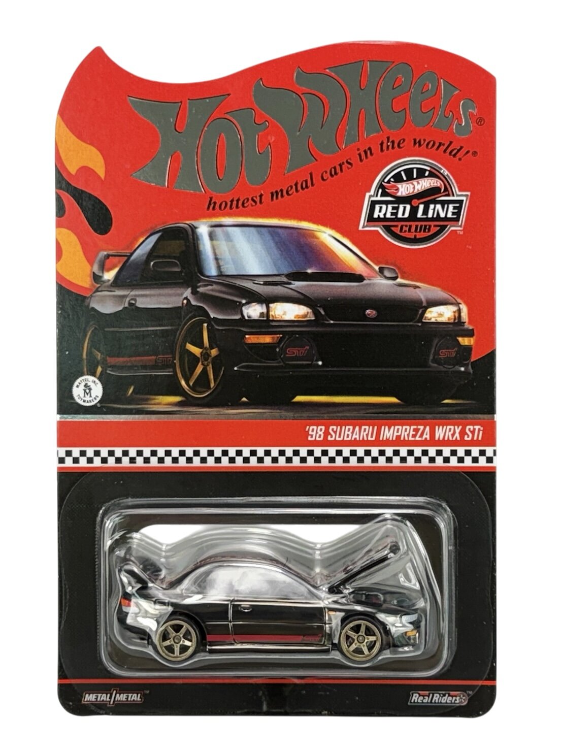 Opakowanie modelu samochodu Hot Wheels z ilustracją czarnego Subaru Impreza WRX STI na czerwonym tle. Widoczny tekst: \'Hot Wheels hottest metal cars in the world!\', \'Red Line Club\', \'’98 Subaru Impreza WRX STI\'.