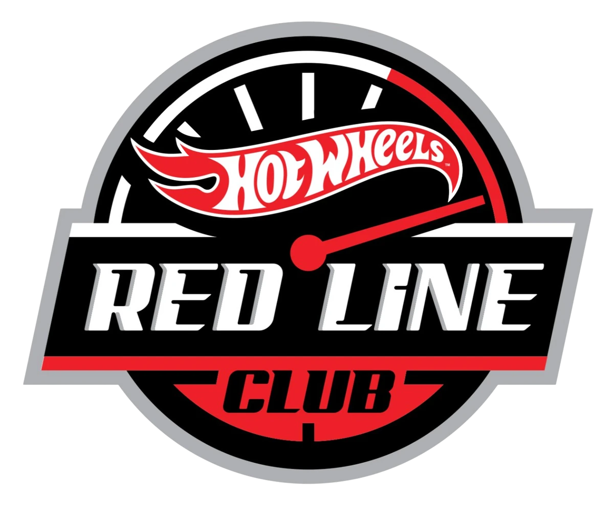 Logo z napisem \'Hot Wheels Red Line Club\' w kolorach czerwonym, czarnym i białym, z motywem prędkościomierza.