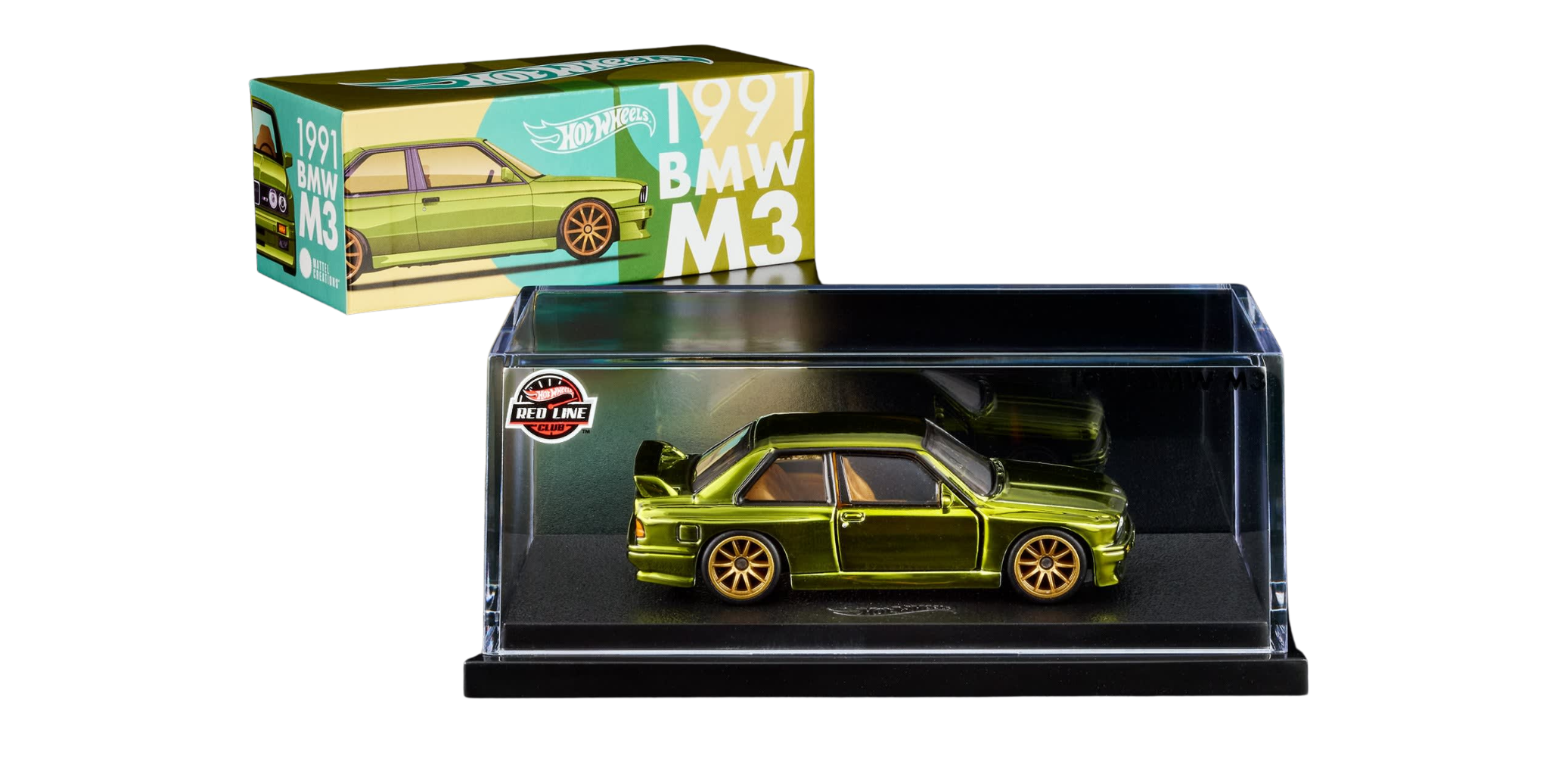 Model samochodu w kolorze zielonym umieszczony w przezroczystej gablocie z logo \'Red Line Club\'. W tle widoczne jest pudełko z napisem \'1991 BMW M3\' oraz logo \'Hot Wheels\'.