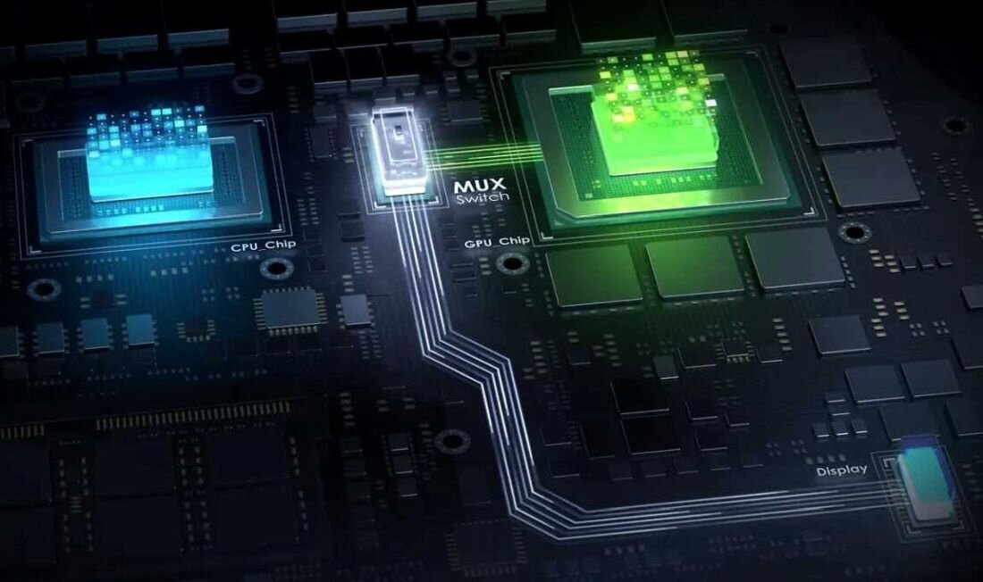 Obraz przedstawia schemat płyty głównej z widocznymi chipami oznaczonymi jako CPU Chip i GPU Chip. Na środku znajduje się napis \'MUX Switch\'.