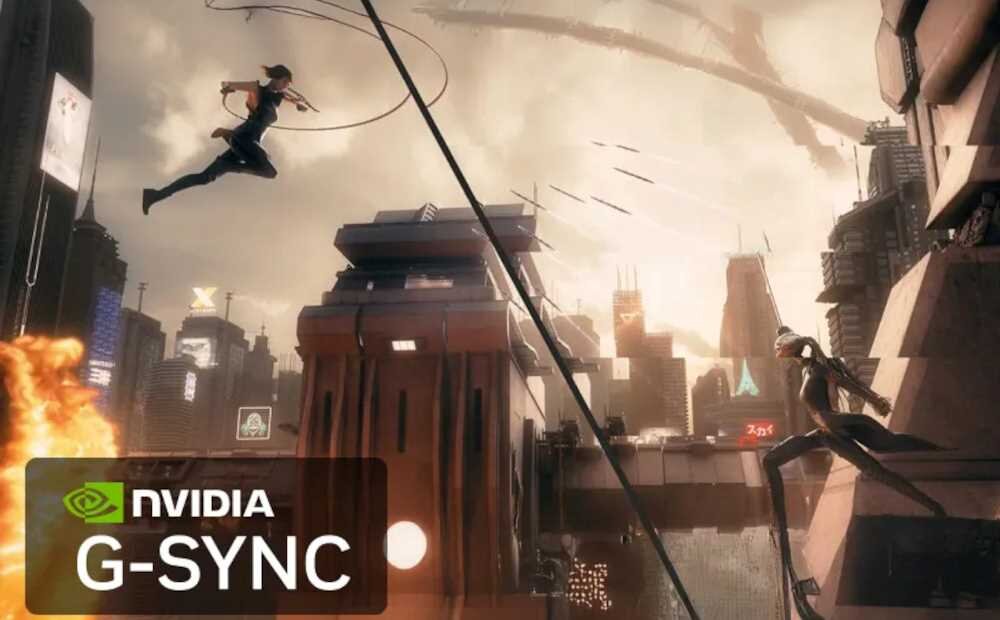 Scena przedstawia futurystyczne miasto z dwoma postaciami skaczącymi między budynkami. W lewym dolnym rogu widoczne jest logo NVIDIA G-SYNC.