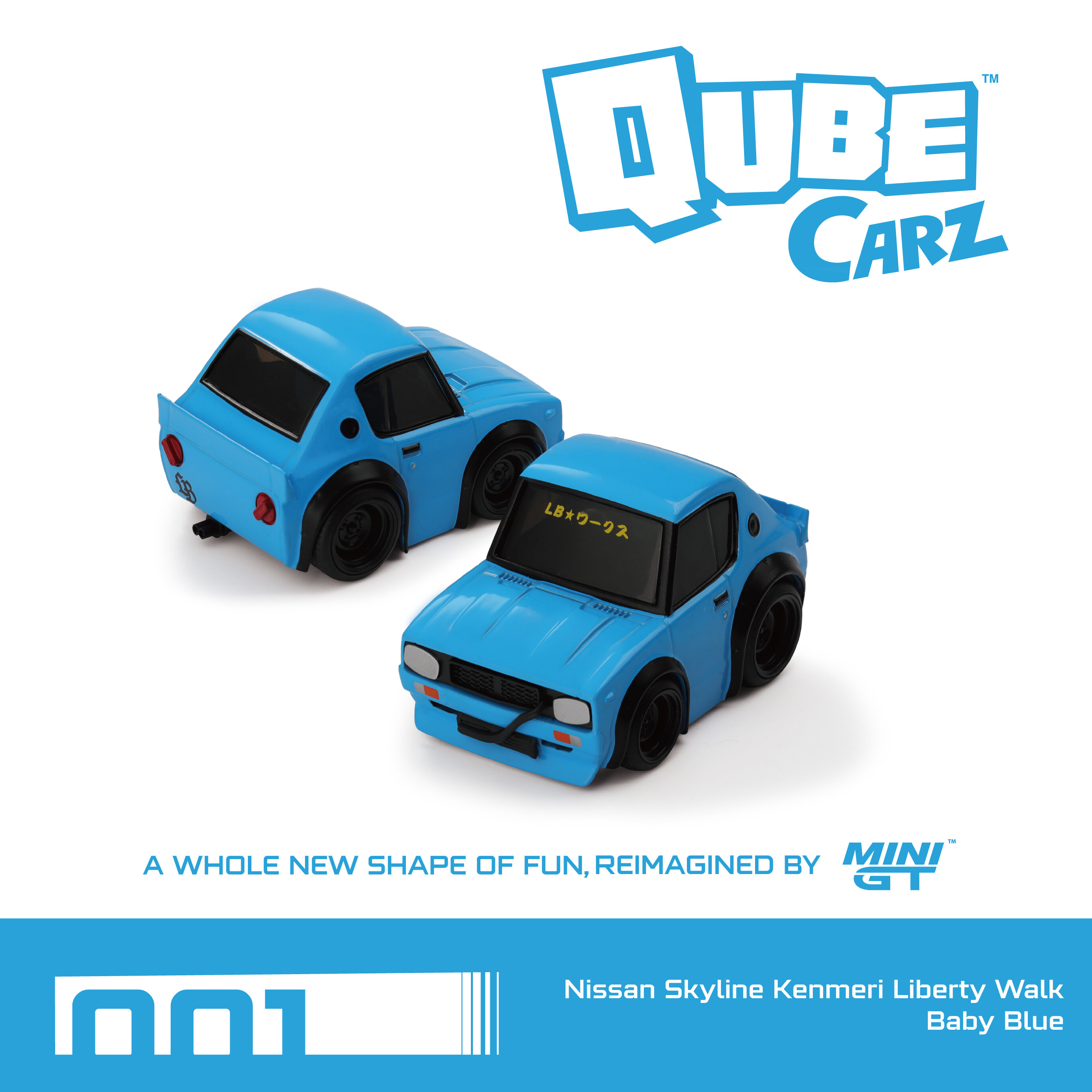 Na obrazie widoczne są dwa niebieskie modele samochodów o zaokrąglonych kształtach. Na górze znajduje się napis \'QUBE Carz\', a poniżej tekst \'A WHOLE NEW SHAPE OF FUN, REIMAGINED BY MINI GT\'.