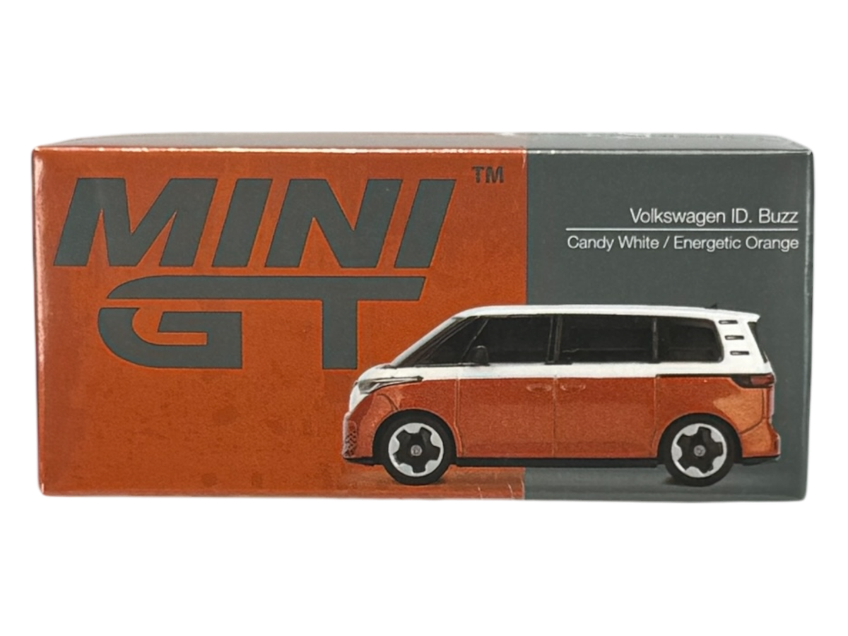Opakowanie modelu samochodu z napisem \'MINI GT\' oraz ilustracją pojazdu Volkswagen ID. Buzz w kolorach Candy White i Energetic Orange.
