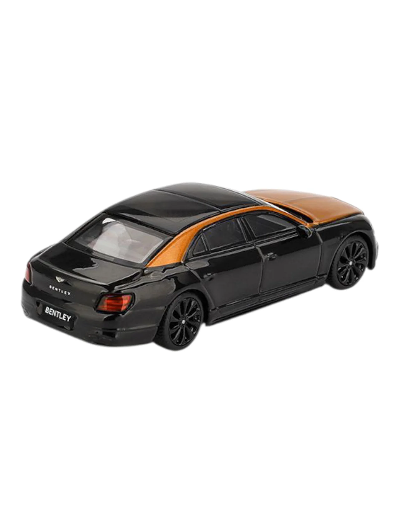 Model samochodu w kolorze czarnym z pomarańczowym dachem, z widocznym logo \'Bentley\' na tylnej części. Samochód ma czarne felgi i przyciemniane szyby.