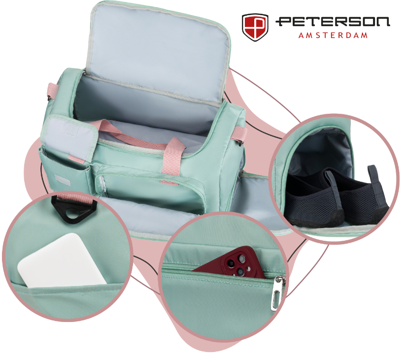 Zielona torba podróżna z różowymi uchwytami i kilkoma kieszeniami, w tym jedną na buty i drugą na telefon. Logo \'Peterson Amsterdam\' widoczne w prawym górnym rogu.