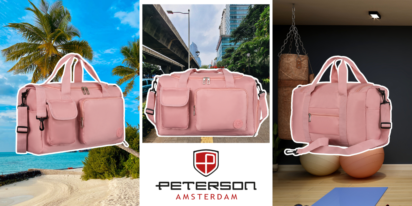 Trzy zdjęcia przedstawiają różową torbę podróżną sportową na tle plaży, miasta i sali gimnastycznej. Na dole widoczne jest logo \'Peterson Amsterdam\'.