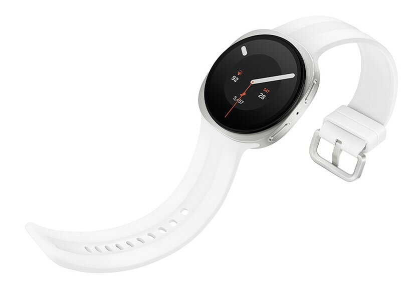 Smartwatch z okrągłym, czarnym wyświetlaczem i białym paskiem. Na ekranie widoczne są wskazówki zegara oraz cyfry \'92\', \'37\', \'28\'.