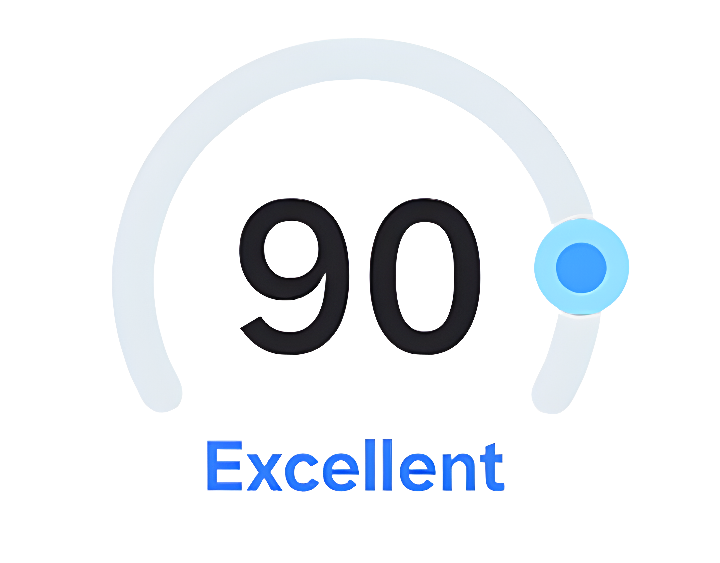 Grafika przedstawia licznik z wartością 90 oraz napis \'Excellent\'.