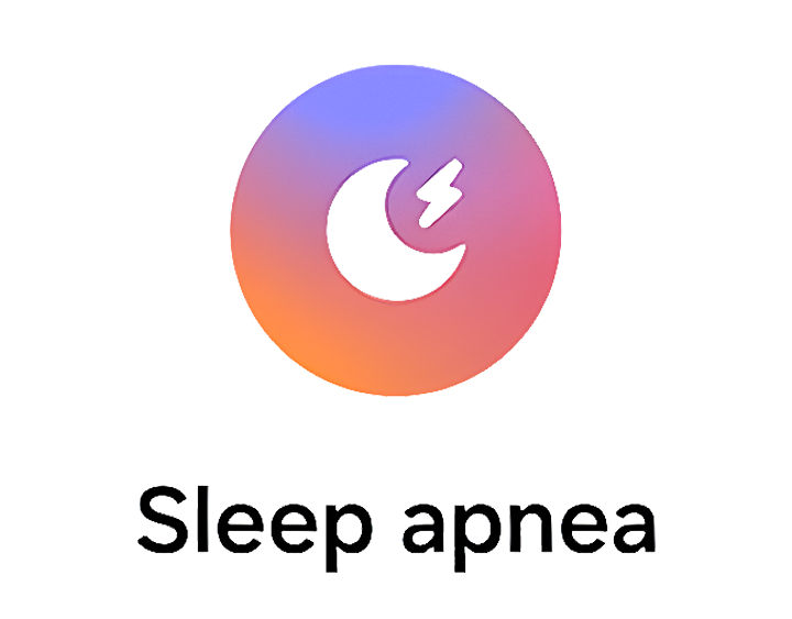 Ikona przedstawia biały księżyc z błyskawicą na tle gradientu od fioletu do pomarańczu. Poniżej znajduje się tekst: \'Sleep apnea\'.