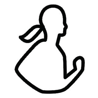 Czarny, konturowy symbol przedstawiający osobę z kucykiem, z ręką uniesioną w geście biegu.