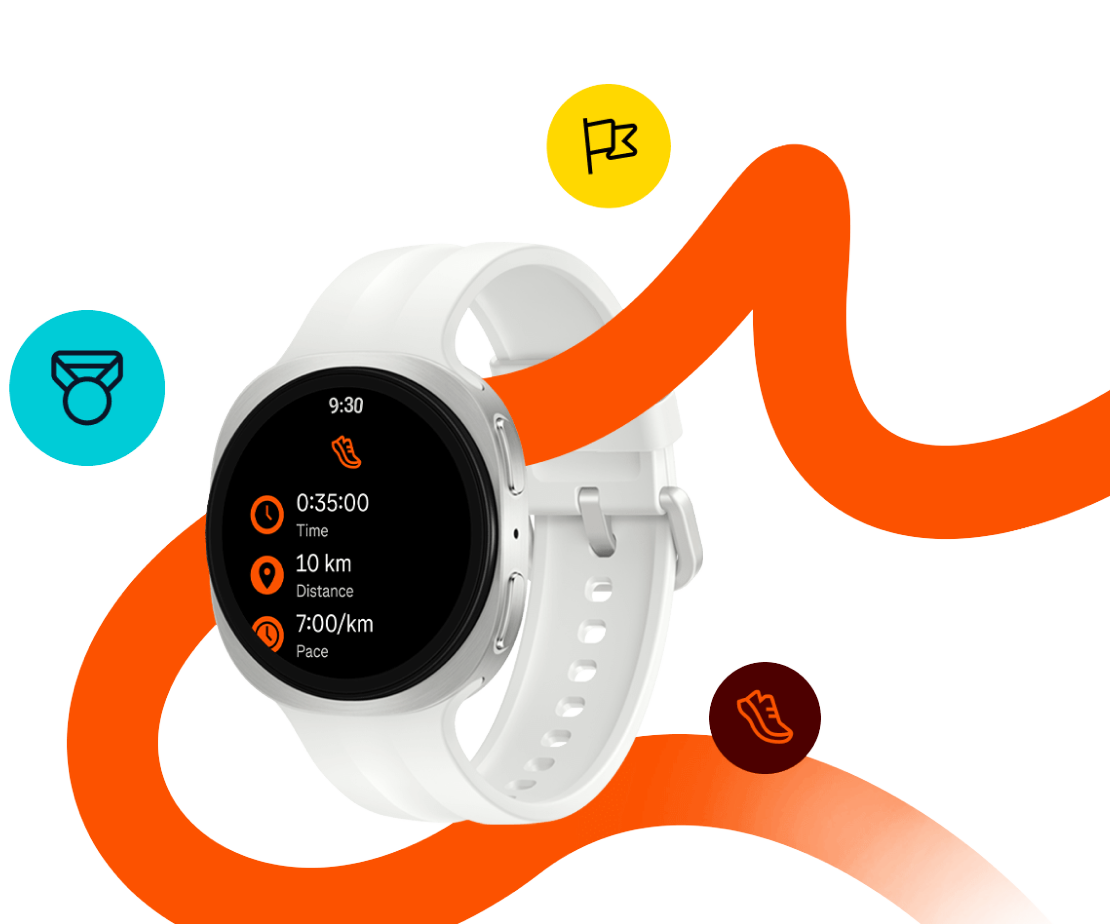 Smartwatch z białym paskiem i okrągłym wyświetlaczem pokazuje czas 9:30 oraz dane treningowe: 0:35:00 Time, 10 km Distance, 7:00/km Pace. W tle widoczne są kolorowe ikony i pomarańczowa linia falista.
