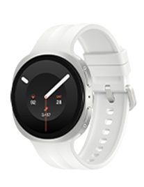 Smartwatch z okrągłym wyświetlaczem i jasnym paskiem, na ekranie widoczna jest tarcza zegara z białymi wskazówkami i pomarańczowym sekundnikiem.