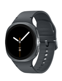 Smartwatch z okrągłą tarczą i ciemnym paskiem, wyświetlający prosty zegar z białymi wskazówkami i pomarańczowym akcentem na czarnym tle.