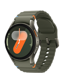Smartwatch z okrągłą tarczą i zielonym paskiem, wyświetlający kolorowy interfejs z dużą cyfrą 7.