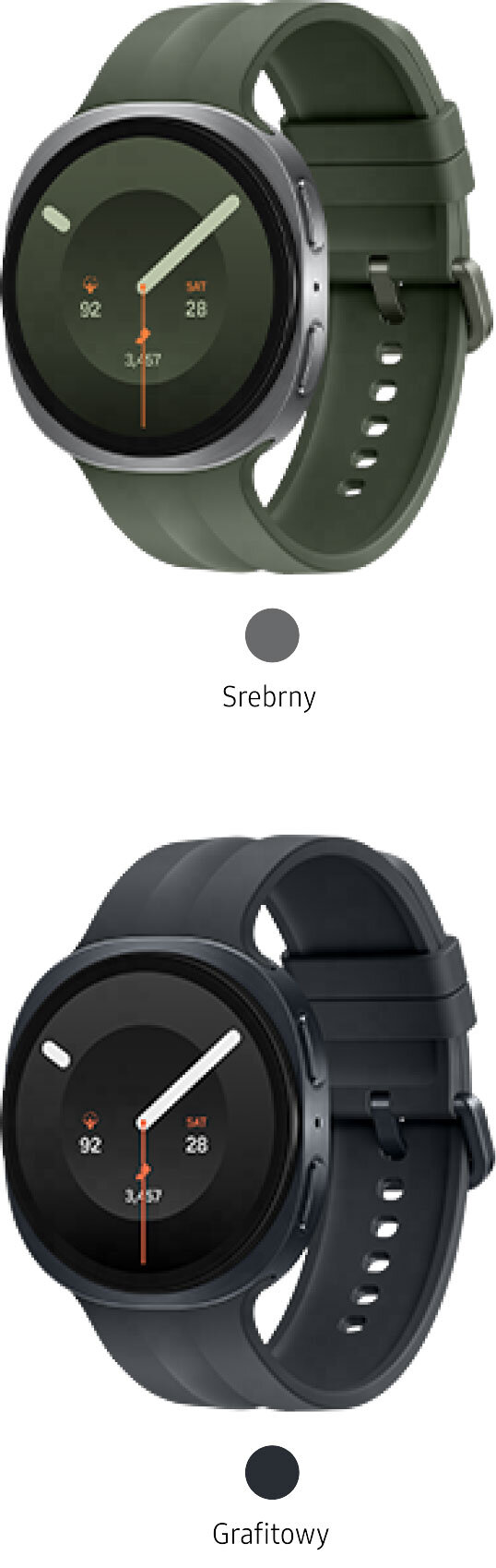 Dwa smartwatche z okrągłymi tarczami, jeden z zielonym paskiem opisany jako \'Srebrny\', drugi z ciemnym paskiem opisany jako \'Grafitowy\'. Na tarczach widoczne są wskazówki i cyfry wskazujące czas.