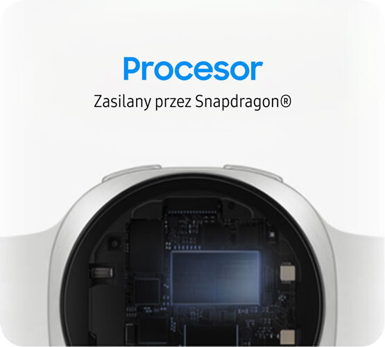 Obraz przedstawia wnętrze smartwatcha z widocznym procesorem. Tekst na obrazie: \'Procesor Zasilany przez Snapdragon®\'.