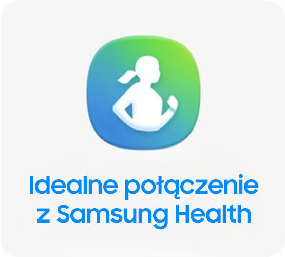 Ikona przedstawiająca sylwetkę osoby biegnącej na tle gradientu zielono-niebieskiego. Poniżej znajduje się tekst: \'Idealne połączenie z Samsung Health\'.
