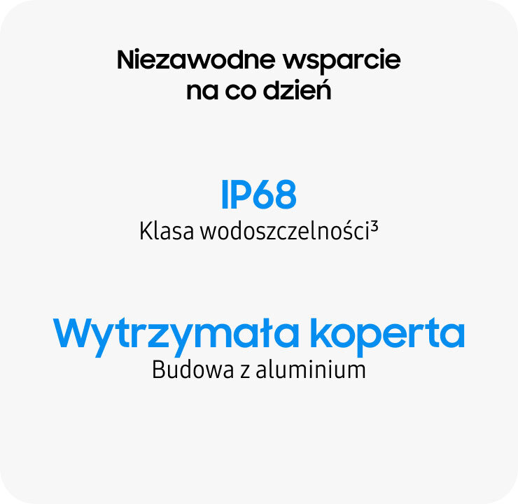 Obraz przedstawia tekst: \'Niezawodne wsparcie na co dzień\', \'IP68 Klasa wodoszczelności\', \'Wytrzymała koperta Budowa z aluminium\'.
