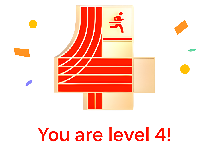 Grafika przedstawia dużą czerwoną cyfrę 4 z białymi liniami, obok której znajduje się ikona biegnącej osoby. Pod spodem widnieje napis \'You are level 4!\'.