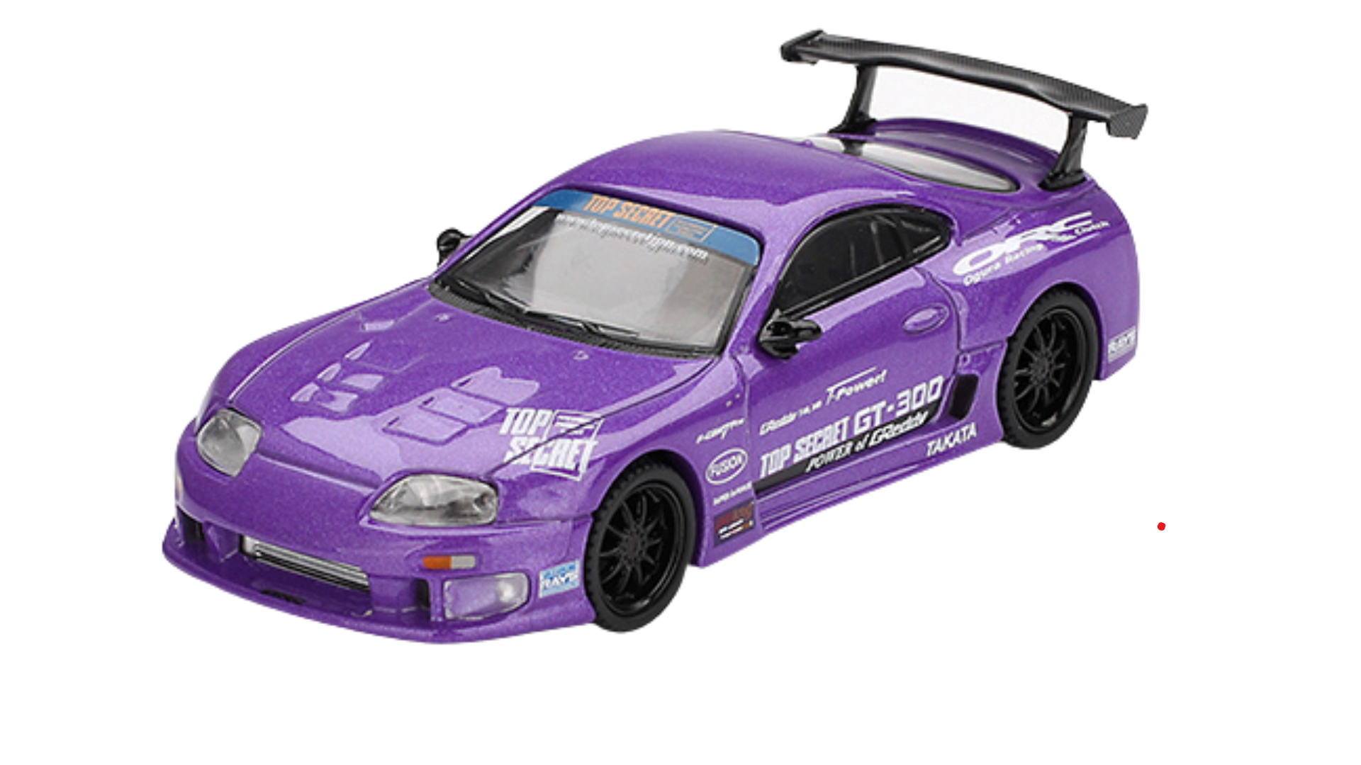 Model samochodu w kolorze fioletowym z napisami \'TOP SECRET GT-300\' i \'TAKATA\' na boku. Posiada czarne felgi i duży tylny spojler.