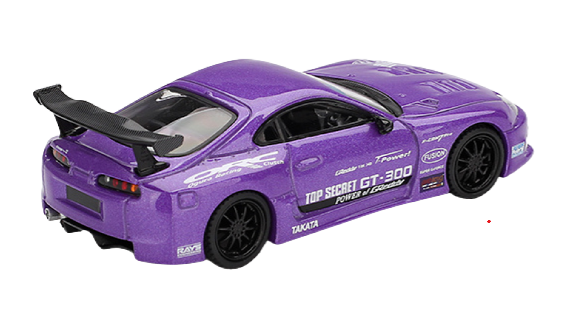Model samochodu w kolorze fioletowym z dużym tylnym spojlerem i czarnymi felgami. Na boku widoczny jest napis \'TOP SECRET GT-300 POWER by G-Force\' oraz inne mniejsze napisy i logotypy, takie jak TAKATA i RAYS.