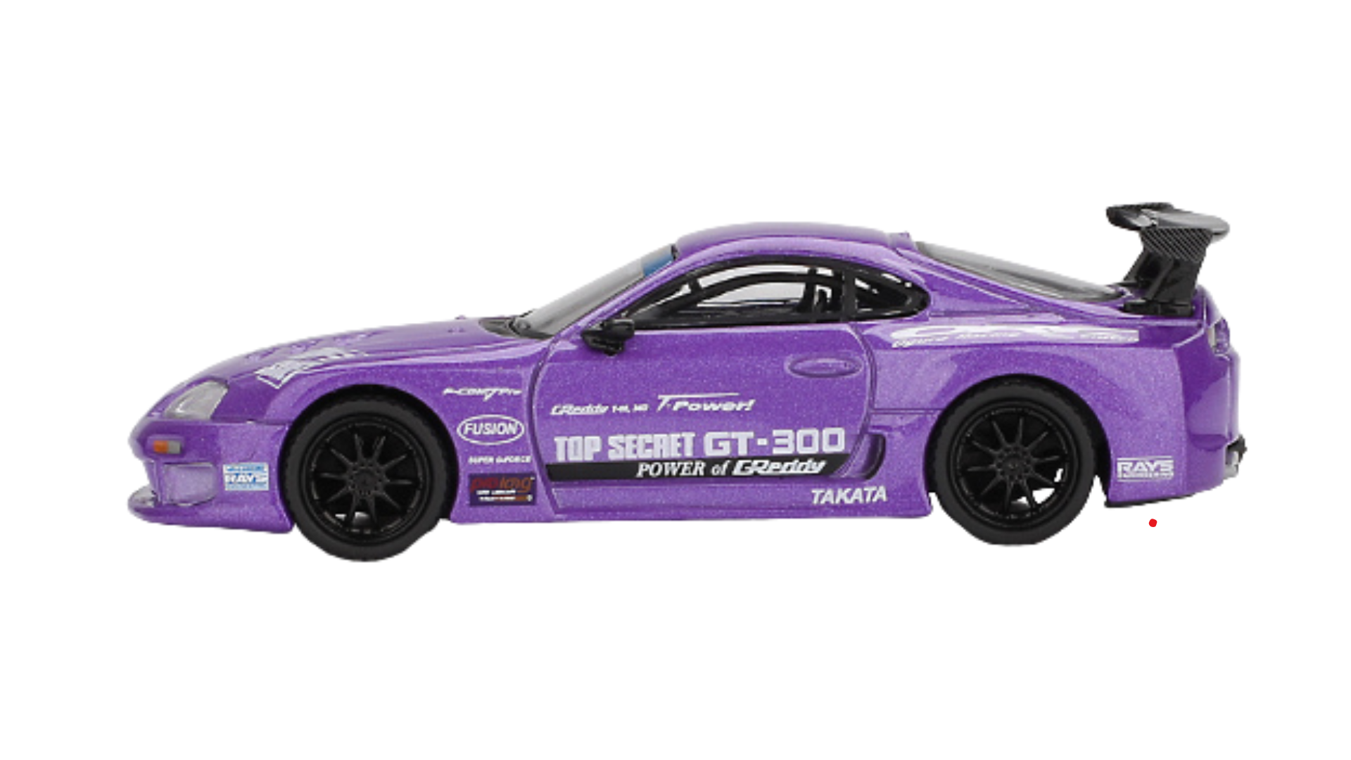 Model samochodu w kolorze fioletowym z napisami \'TOP SECRET GT-300 POWER of GReddy\' oraz \'TAKATA\' na boku. Posiada czarne felgi i duży tylny spojler.
