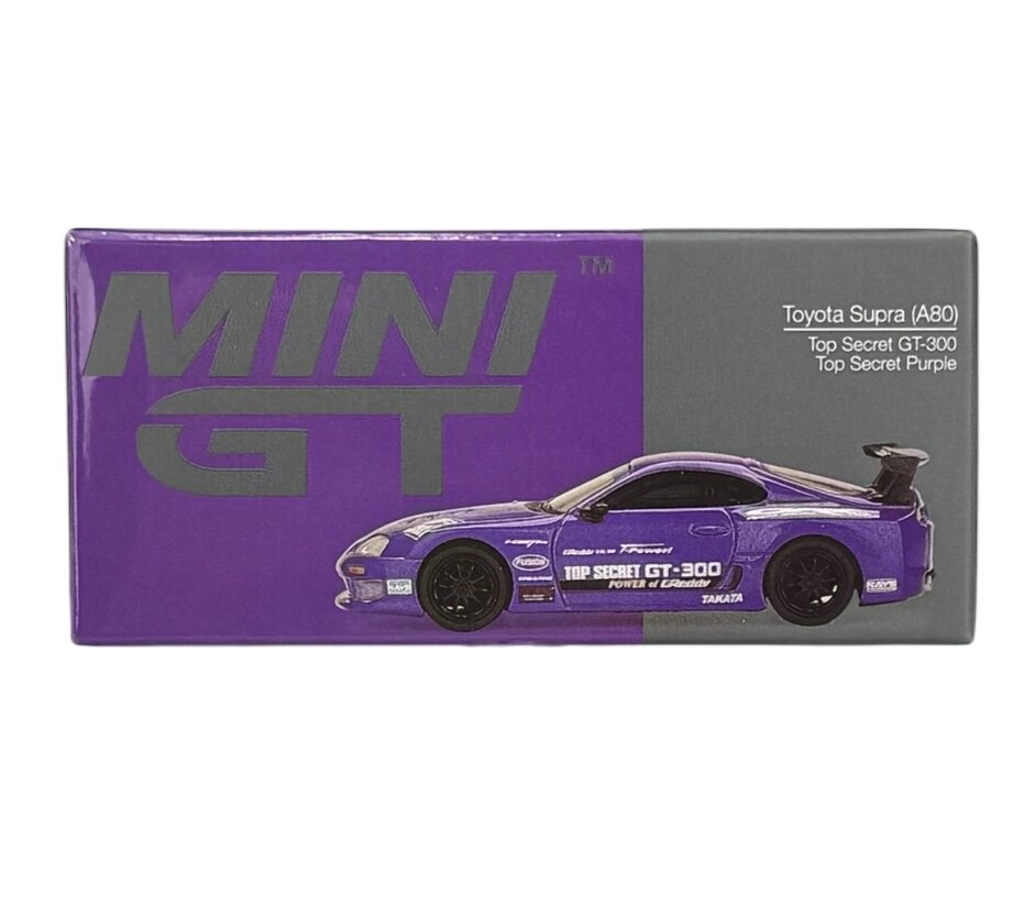 Opakowanie modelu samochodu z napisem \'MINI GT\' oraz grafiką fioletowego auta Toyota Supra (A80) z oznaczeniami \'Top Secret GT-300\'.