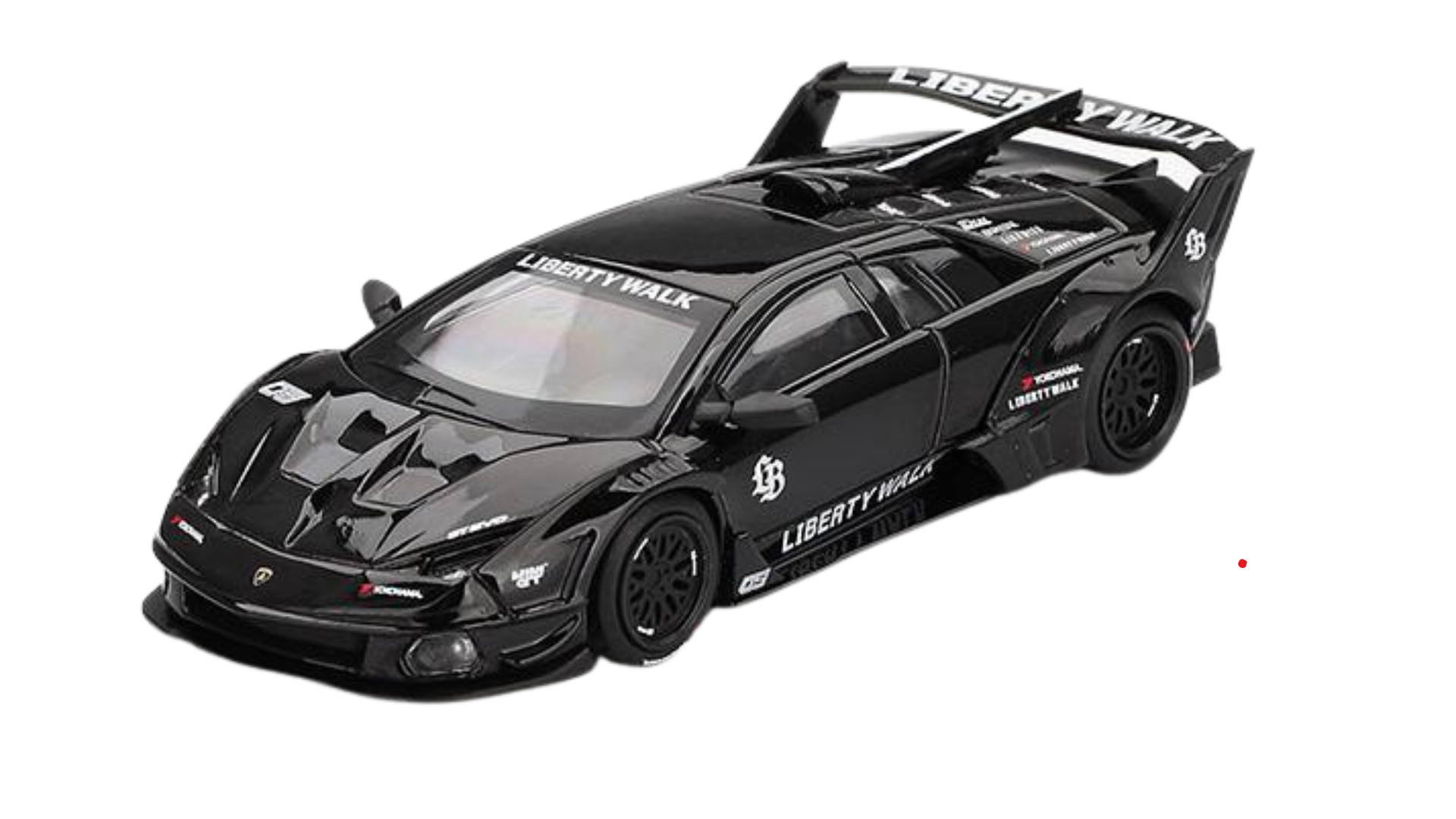Model samochodu w kolorze czarnym z widocznymi napisami \'LIBERTY WALK\' na przedniej szybie i tylnej części pojazdu. Samochód ma sportowy design z dużym tylnym spojlerem i szczegółowymi elementami karoserii.