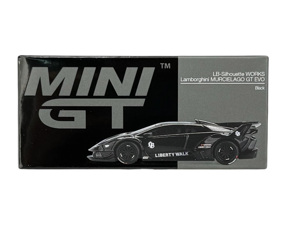 Opakowanie modelu samochodu z napisem \'MINI GT\' oraz grafiką czarnego samochodu z oznaczeniami \'LIBERTY WALK\'. Widoczny tekst: \'LB-Silhouette WORKS Lamborghini MURCIELAGO GT EVO Black\'.